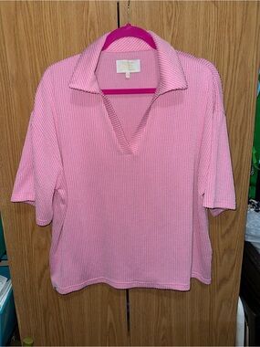 Simply Southern Pink Ribbed Short Sleeve Polo V-Neck Top